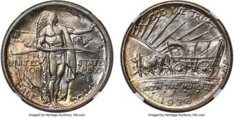 Commemorative Silver 1936 50C Oregon MS68 NGC. CAC. Silver, amber-gold, and rose hues dominate the obverse more heavily...
