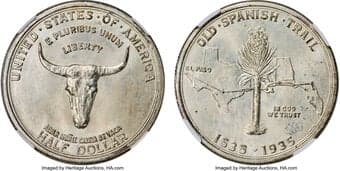 Commemorative Silver 1935 50C Spanish Trail MS67 NGC. CAC. The Old Spanish Trail commemorative silver half dollar is a...