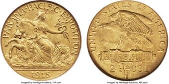 Commemorative Gold 1915-S $2 1/2 Panama-Pacific Quarter Eagle MS65 NGC. This medium yellow-gold example has the kind of...