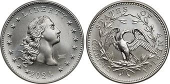 Modern Bullion Coins 2024 Medal Flowing Hair, Silver, 230th Anniversary Privy, MS69 PCGS. The 1794 Flowing Hair dollar...