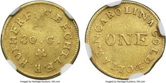 Territorial Gold (1832-34) G$1 C. Bechtler Dollar, 30 G., Reeded Edge -- Cleaned -- NGC Details. AU. K-1, R.4. The...