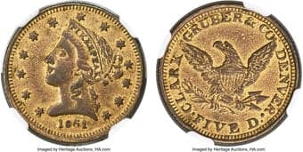 Territorial Gold 1861 $5 Clark, Gruber Five Dollar, Copper Die Trial XF45 Gilt NGC. K-10c, R.7. This rare five dollar...