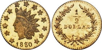 California Fractional Gold 1880/70 50C Indian Round 50 Cents, BG-1067, Low R.4, MS67 Deep Prooflike NGC. This flashy...