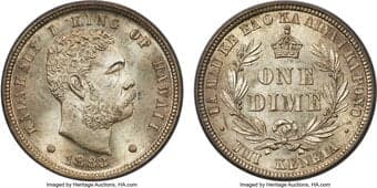 Coins of Hawaii 1883 10C Hawaii Ten Cents MS65 PCGS. This example displays attractive white-silver luster with...