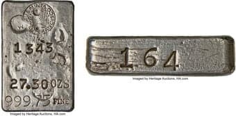 Ingots San Francisco Assay Office Silver Ingot. 27.30 Ounces. 999.75 Fine. Serial number 1343. Lot #164. 16 mm x 60 mm...