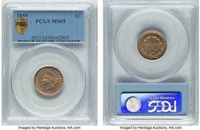 Indian Cents 1859 1C MS65 PCGS. CDN: $2,150 Whsle. Bid for NGC/PCGS MS65. Mintage 36,400,000. ...