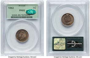Proof Indian Cents 1862 1C PR65 PCGS. CAC. Housed in a Generation 3.1 green label holder. PCGS Population: 99 in 65 (1...