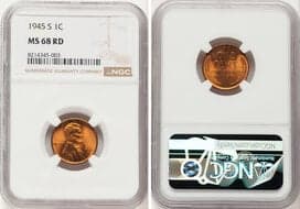 Lincoln Cents 1945-S 1C MS68 Red NGC. NGC Census: 9 in 68, 0 finer (5/26). CDN: $6,600 Whsle. Bid for NGC/PCGS MS68....