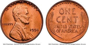Lincoln Cents 1954 1C MS67 Red NGC. NGC Census: 84 in 67 (1 in 67+), 0 finer (6/26). CDN: $6,600 Whsle. Bid for...