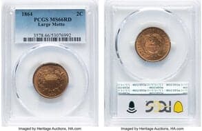 Two Cent Pieces 1864 2C Large Motto MS66 Red PCGS. PCGS Population: 96 in 66 (14 in 66+), 5 finer (5/26). CDN: $2,050...