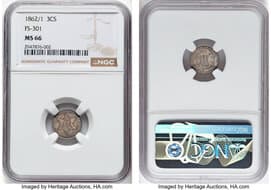 Three Cent Silver 1862/1 3CS FS-301 MS66 NGC. NGC Census: 83 in 66 (8 in 66+), 21 finer (5/26). CDN: $1,500 Whsle. Bid...