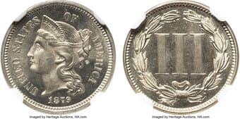Three Cent Nickels 1879 3CN MS67 NGC. NGC Census: 9 in 67 (2 in 67+, 1 in 67★), 0 finer (4/26). CDN: $2,600 Whsle....