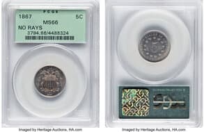 Shield Nickels 1867 5C No Rays MS66 PCGS. Housed in a Generation 3.1 green label holder. PCGS Population: 34 in 66 (4...