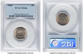 Shield Nickels 1868 5C MS66 PCGS. PCGS Population: 48 in 66 (12 in 66+), 4 finer (6/26). CDN: $1,600 Whsle. Bid for...
