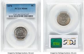 Shield Nickels 1870 5C MS66 PCGS. PCGS Population: 77 in 66 (57 in 66+), 0 finer (6/26). CDN: $1,750 Whsle. Bid for...