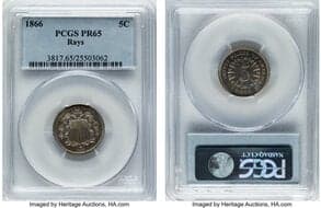 Proof Shield Nickels 1866 5C Rays PR65 PCGS. PCGS Population: 89 in 65, 48 finer (4/26). CDN: $2,200 Whsle. Bid for...
