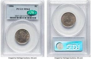 Liberty Nickels 1886 5C MS64 PCGS. CAC. CAC: 22 in 64, 13 finer (6/26). CDN: $2,700 Whsle. Bid for NGC/PCGS MS64....