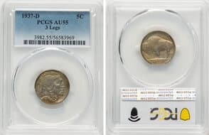Buffalo Nickels 1937-D 5C Three-Legged, FS-901, AU55 PCGS. CDN: $1,725 Whsle. Bid for NGC/PCGS AU55. Mintage...