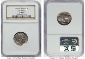 Buffalo Nickels 1937-D 5C Three-Legged, FS-901, AU55 NGC. Formerly FS-020.2. CDN: $1,600 Whsle. Bid for NGC/PCGS AU55....