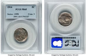 Proof Buffalo Nickels 1914 5C PR65 PCGS. CDN: $1,450 Whsle. Bid for NGC/PCGS PR65. Mintage 1,275. ...