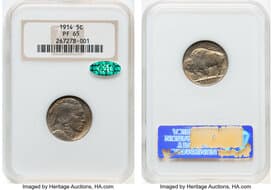Proof Buffalo Nickels 1914 5C PR65 NGC. CAC. Housed in a Generation 5 fatty holder. CDN: $1,450 Whsle. Bid for NGC/PCGS...