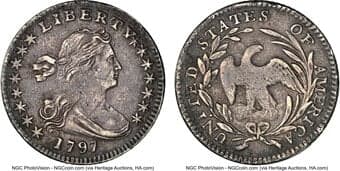 Early Half Dimes 1797 H10C 15 Stars, V-2, LM-1, R.3 -- Repaired -- NGC Details. VF. Mintage 44,527. ...