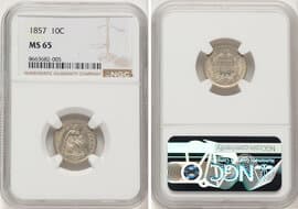 Seated Dimes 1857 10C MS65 NGC. NGC Census: 34 in 65 (2 in 65★), 16 finer (6/26). CDN: $1,600 Whsle. Bid for...