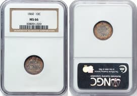 Seated Dimes 1860 10C MS66 NGC. NGC Census: 9 in 66, 3 finer (5/26). CDN: $1,400 Whsle. Bid for NGC/PCGS MS66. Mintage...
