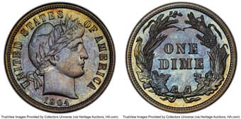 Proof Barber Dimes 1904 10C PR67 PCGS. PCGS Population: 10 in 67 (1 in 67+), 1 finer (4/26). CDN: $2,020 Whsle. Bid...