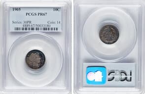 Proof Barber Dimes 1905 10C PR67 PCGS. PCGS Population: 20 in 67 (4 in 67+), 1 finer (6/26). CDN: $1,620 Whsle. Bid...