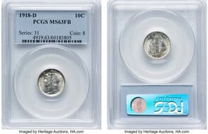 Mercury Dimes 1918-D 10C MS63 Full Bands PCGS. PCGS Population: 37 in 63, 129 finer (4/26). CDN: $2,000 Whsle. Bid for...