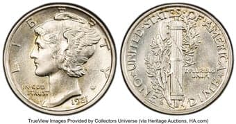 Mercury Dimes 1921-D 10C AU58 PCGS. PCGS Population: 49 in 58 (1 in 58+), 163 finer (4/26). CDN: $1,400 Whsle. Bid for...