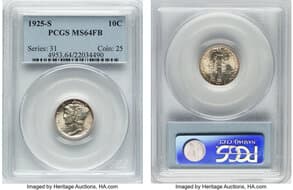 Mercury Dimes 1925-S 10C MS64 Full Bands PCGS. CDN: $1,750 Whsle. Bid for NGC/PCGS MS64. Mintage 5,850,000. ...