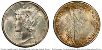 Mercury Dimes 1938 10C MS68 Full Bands PCGS. PCGS Population: 27 in 68 (1 in 68+), 0 finer (5/26). CDN: $2,400 Whsle....