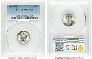 Mercury Dimes 1939-S 10C MS67 Full Bands PCGS. PCGS Population: 73 in 67 (14 in 67+), 3 finer (4/26). CDN: $2,000...