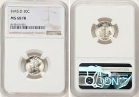 Mercury Dimes 1945-D 10C MS68 Full Bands NGC. NGC Census: 32 in 68 (1 in 68+, 2 in 68★), 0 finer (6/26). CDN: $4,400...