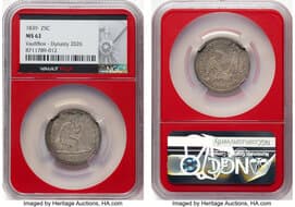 Seated Quarters 1839 25C No Drapery, Very Long Claws, Briggs 4-C, MS62 NGC. Ex: VaultBox - Dynasty 2026. NGC Census: 13...