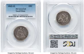Seated Quarters 1842-O 25C Small Date, Briggs 1-A, Fine 15 PCGS. PCGS Population: 11 in 15, 45 finer (5/26). CDN:...