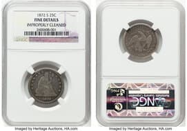 Seated Quarters 1872-S 25C -- Improperly Cleaned -- NGC Details. Fine. Mintage 83,000. From The Bellaire Collection. ...