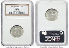 Seated Quarters 1877-S/S 25C S Over Horizontal S, Briggs 4-D, FS-501, MS65 NGC. NGC VP-001. Flynn RPM-001. NGC Census:...