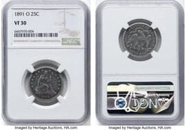 Seated Quarters 1891-O 25C VF30 NGC. NGC Census: 3 in 30, 21 finer (5/26). CDN: $1,700 Whsle. Bid for NGC/PCGS VF30....