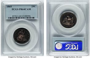 Proof Seated Quarters 1865 25C PR64 Cameo PCGS. PCGS Population: 18 in 64 (2 in 64+) Cameo, 21 finer (4/26). Mintage...
