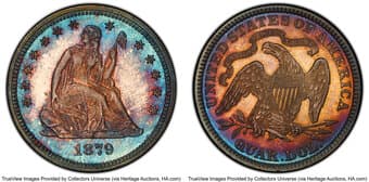 Proof Seated Quarters 1879 25C PR66 PCGS. PCGS Population: 23 in 66 (1 in 66+), 2 finer (4/26). CDN: $1,400 Whsle. Bid...