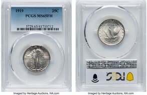 Standing Liberty Quarters 1919 25C MS65 Full Head PCGS. CDN: $2,200 Whsle. Bid for NGC/PCGS MS65. Mintage 11,324,000....