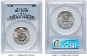 Washington Quarters 1942 25C Doubled Die Reverse, FS-802, MS64 PCGS. Formerly FS-014.3. PCGS Population: 1 in 64, 0...