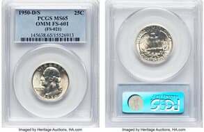 Washington Quarters 1950-D/S 25C FS-601 MS65 PCGS. Overmintmark. Formerly FS-021. PCGS Population: 3 in 65, 3 finer...