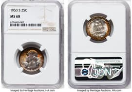 Washington Quarters 1953-S 25C MS68 NGC. NGC Census: 14 in 68 (3 in 68★), 0 finer (6/26). CDN: $3,350 Whsle. Bid for...
