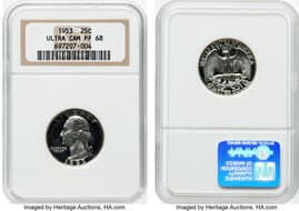 Proof Washington Quarters 1953 25C PR68 Ultra Cameo NGC. NGC Census: 17 in 68 Ultra Cameo, 2 finer (4/26). ...