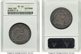 Seated Half Dollars 1846 50C 6 Over Horizontal 6, WB-104, FS-301, Die Pair 7, R.3, XF40 ANACS. Housed in a small-sized...