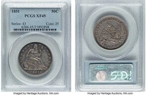 Seated Half Dollars 1851 50C XF45 PCGS. PCGS Population: 20 in 45, 91 finer (4/26). CDN: $1,850 Whsle. Bid for...